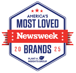 Hexagon badge reading “America’s Most Loved Brands 2025, Newsweek, Plant-A Insights Group” with red, white, and blue design.