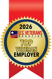 Gold badge with a red ribbon reads “2026 U.S. Veterans Magazine Top Veteran Employer,” featuring a small flag icon in the top left.